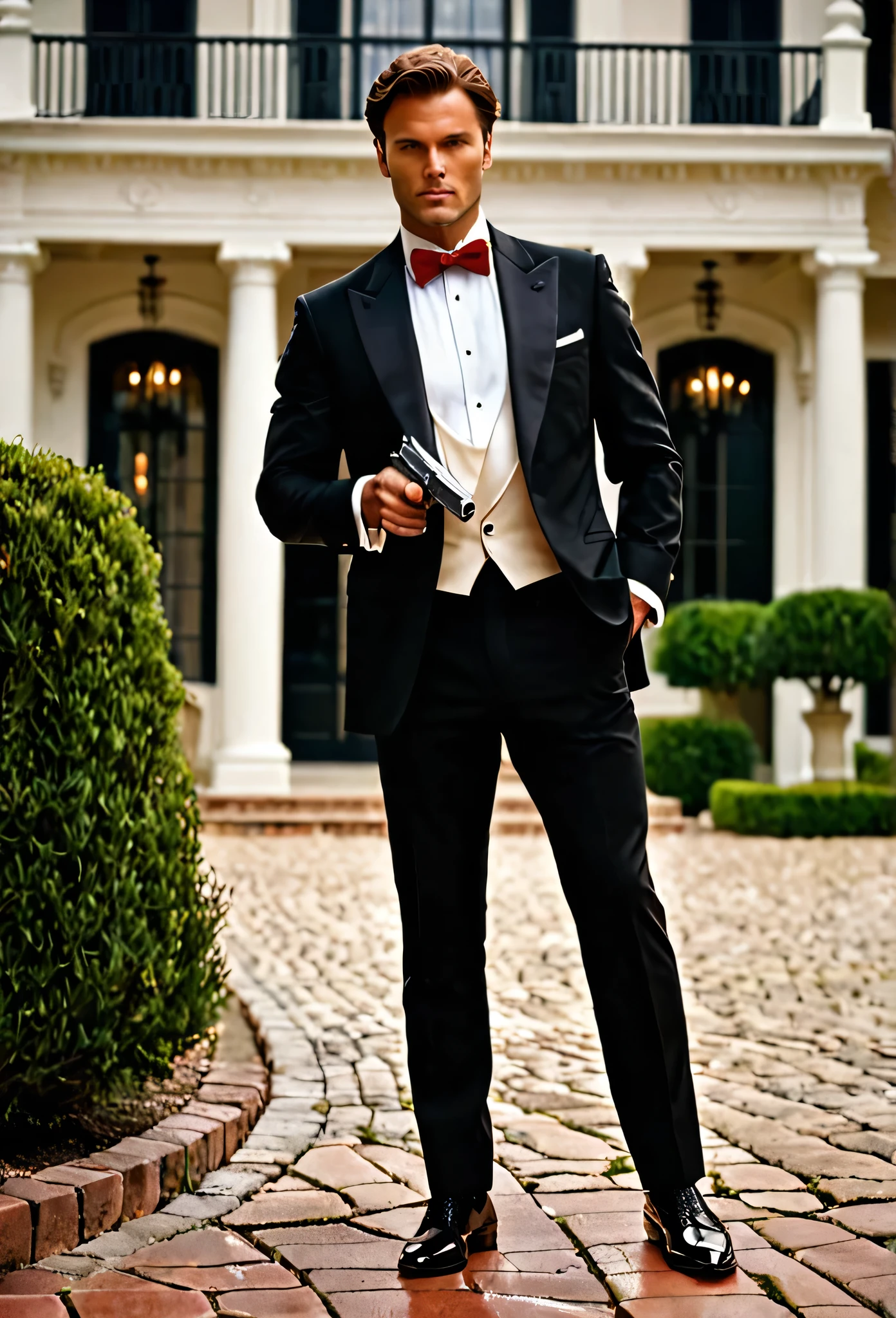 (masterpiece), (best quality), (hires), 1man, male focus, solo, solo focus, perfect hands, (holding pistol with one hand, Beretta 92FS), hand in pocket, brown hair, hazel eyes, tuxedo, black tuxedo, red bow tie, danger atmosphere, mansion backdrop, combed-back hair, white shirt, black pants, dress shoes, matching shoes. outdoors, looking away.