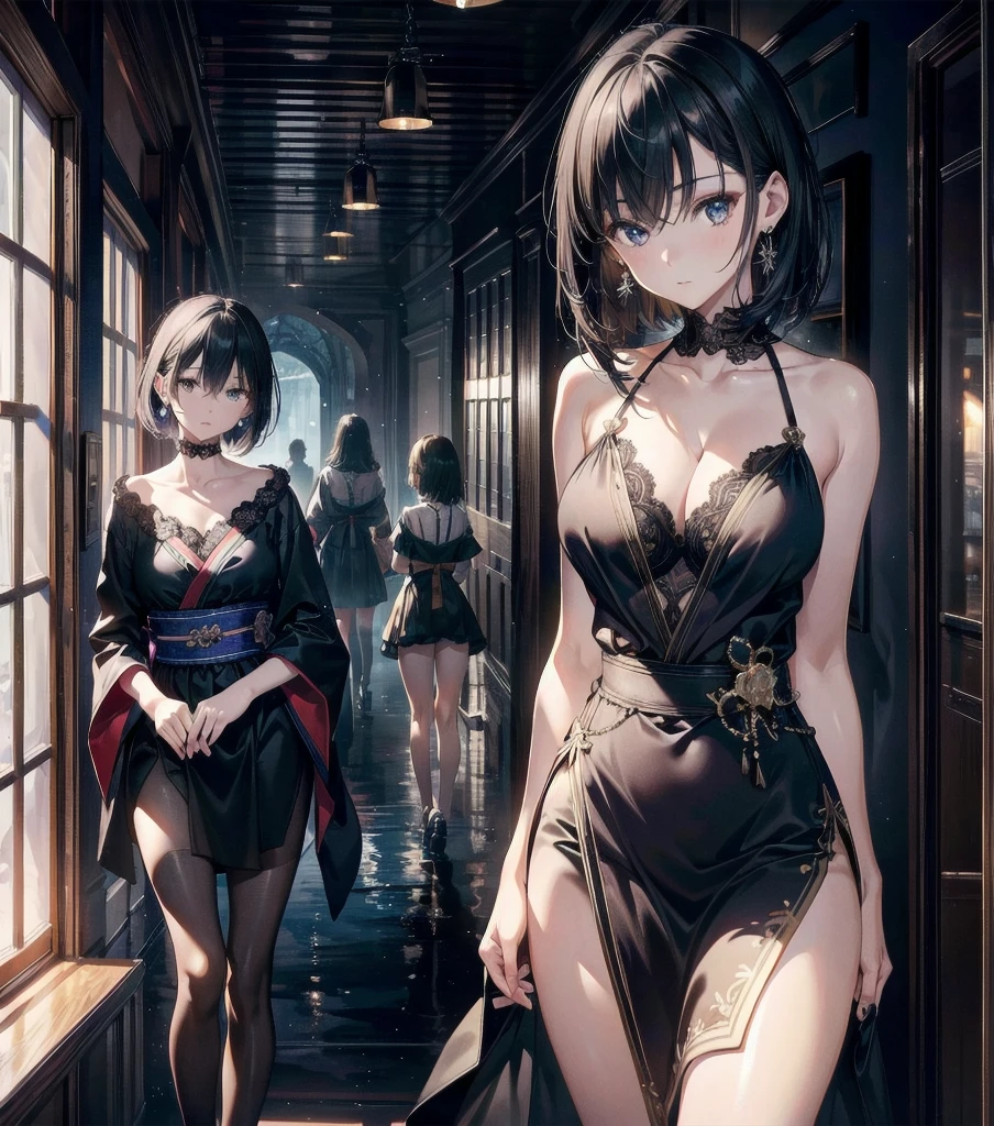 absurdres, RAW photo, extremely delicate and beautiful, masterpiece, Best Quality, ultra high resolution, 32k, hyperrealistic, ultra-detailed, Very detailed CG 8k wallpaper, Beautiful Lighting, Perfect Lightning, Realistic Shadows, perfect anatomy, super Detailed skin, perfect figure, Japanese woman, late 20s, very Slim body, narrow waist, very small head, handsome detailed woman, very detailed eyes and face, realistic face proportions, Stunning detailed eyes, Realistic beautiful face, very small face, Realistic small beautiful eyes, tearful mole, earring, beautiful and very thin legs, beautiful and very thin thighs, very huge round breasts, medium hair, black hair, (full body shot), Fine Collarbone, (3 girls), (dress),