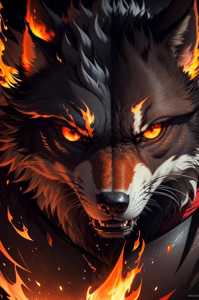 a detailed fire wolf, angry expression, glowing fire eyes, intense fire effects, dark background, detailed fur, powerful pose, dramatic lighting, cinematic composition, photorealistic, 8k, high quality
