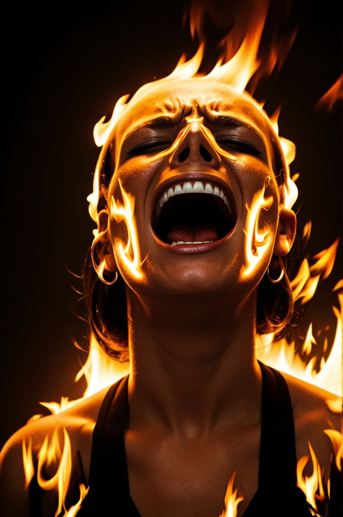 Create an album cover of a person screaming while their face burns and their skull is visible