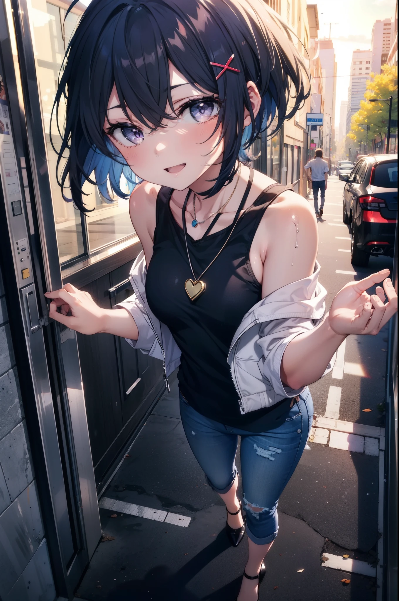 komachihikigaya, komachi hikigaya, short hair, Black Hair, hair ornaments, Ahoge, Hair Clip, x hair ornaments, (Purple eyes:1.1), tooth, happy smile, smile, Open your mouth, black tank top shirt,Locket Necklace,Skinny jeans,Stiletto heels,morning,morning陽,The sun is rising,Walking,whole bodyがイラストに入るように,
break outdoors, Building district,
break looking at viewer,whole body,
break (masterpiece:1.2), Highest quality, High resolution, unity 8k wallpaper, (figure:0.8), (Beautiful attention to detail:1.6), Highly detailed face, Perfect lighting, Highly detailed CG, (Perfect hands, Perfect Anatomy),