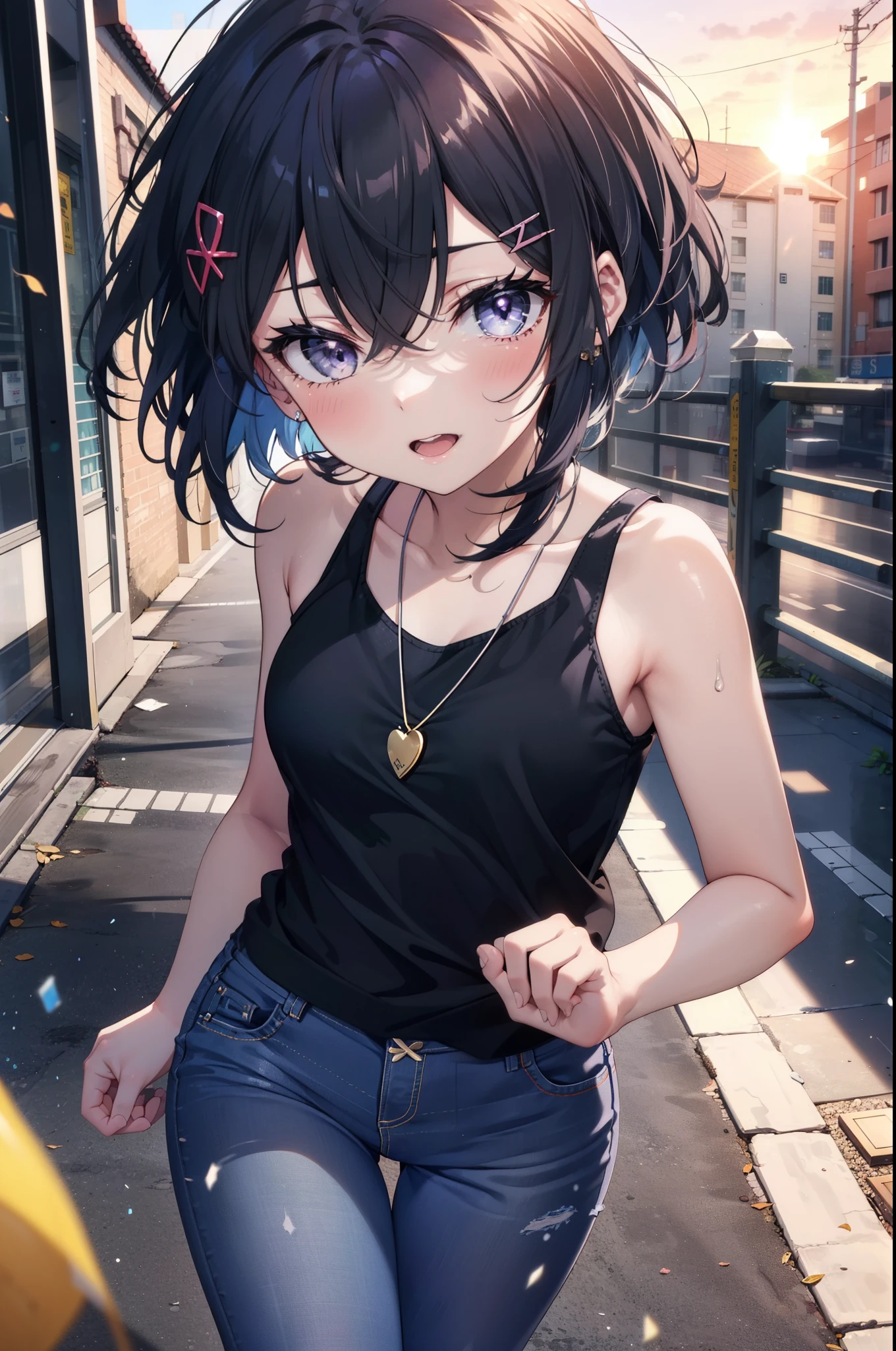 komachihikigaya, komachi hikigaya, short hair, Black Hair, hair ornaments, Ahoge, Hair Clip, x hair ornaments, (Purple eyes:1.1), tooth, happy smile, smile, Open your mouth, black tank top shirt,Locket Necklace,Skinny jeans,Stiletto heels,morning,morning陽,The sun is rising,Walking,whole bodyがイラストに入るように,
break outdoors, Building district,
break looking at viewer,whole body,
break (masterpiece:1.2), Highest quality, High resolution, unity 8k wallpaper, (figure:0.8), (Beautiful attention to detail:1.6), Highly detailed face, Perfect lighting, Highly detailed CG, (Perfect hands, Perfect Anatomy),