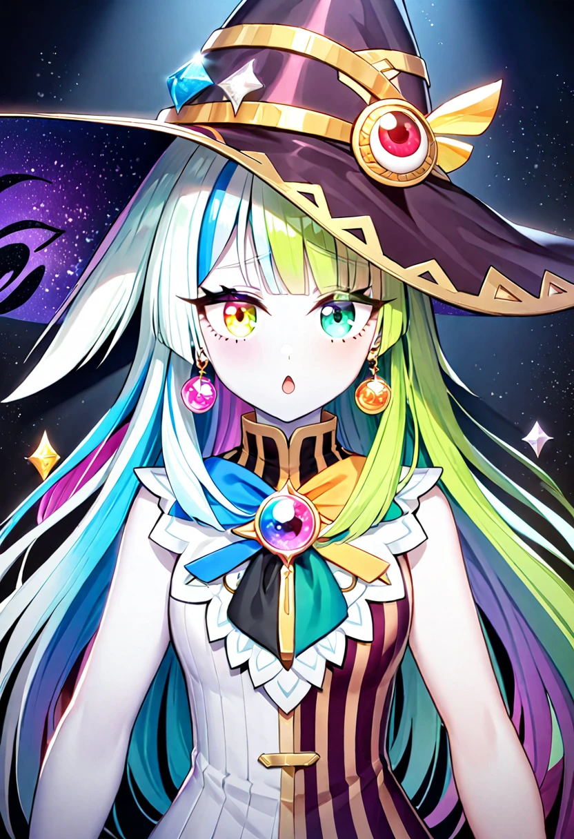 1 Girl,
Jewelry, brooch, Green Hair, Green Eyes, Looking at the audience, have, eyeball have ornament, eyelash, 不匹配of学生, 两眼之间of头发, Treasure Chest Jewels, 独自of, Shut up, 灰色of眼睛, Peaked hat, Side lock, straight on, 单Side lock, earrings, Split topics, 棕色of头发, Striped hair, soul gem, 多彩of头发, Dark background, witch have, Pale skin, black have, Asymmetrical bangs, Long hair, Magical girl, 橙色of眼睛, Blue Hair, Long bangs, Eyes can be seen through the hair, curls, Heterochromia, Tsuri Plum,
masterpiece, 最好of质量, up to date, of