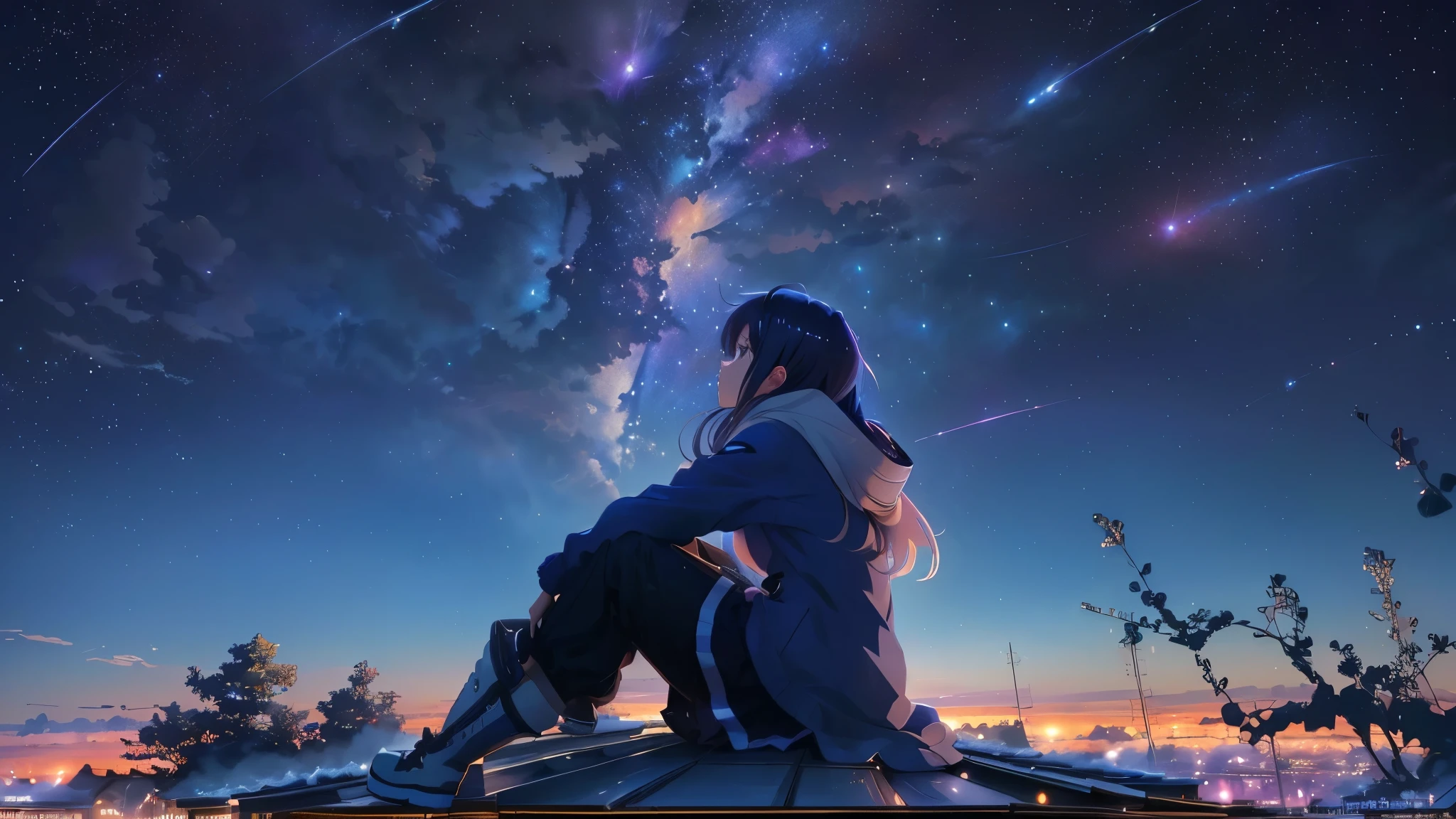 Anime girl sitting on a roof and watching the stars, anime art wallpaper 4k, anime art wallpaper 4k, Sitting on a cloud in space, The girl stares into space, 4k anime wallpaper, Anime Art Wallpapers 8K, anime wallpaper 4k, anime wallpaper 4k, Anime Style 4k, Space Sky. by Makoto Shinkai