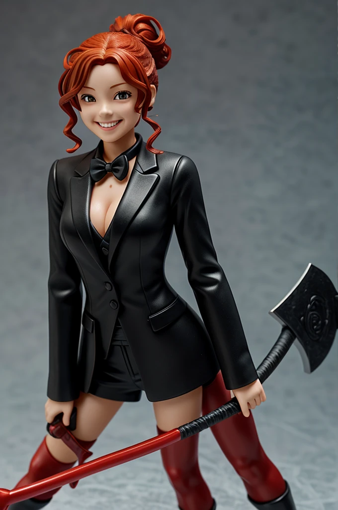 Anime figure 3d A girl with curly red hair tied in a low ponytail in a black tuxedo with an axe is smiling