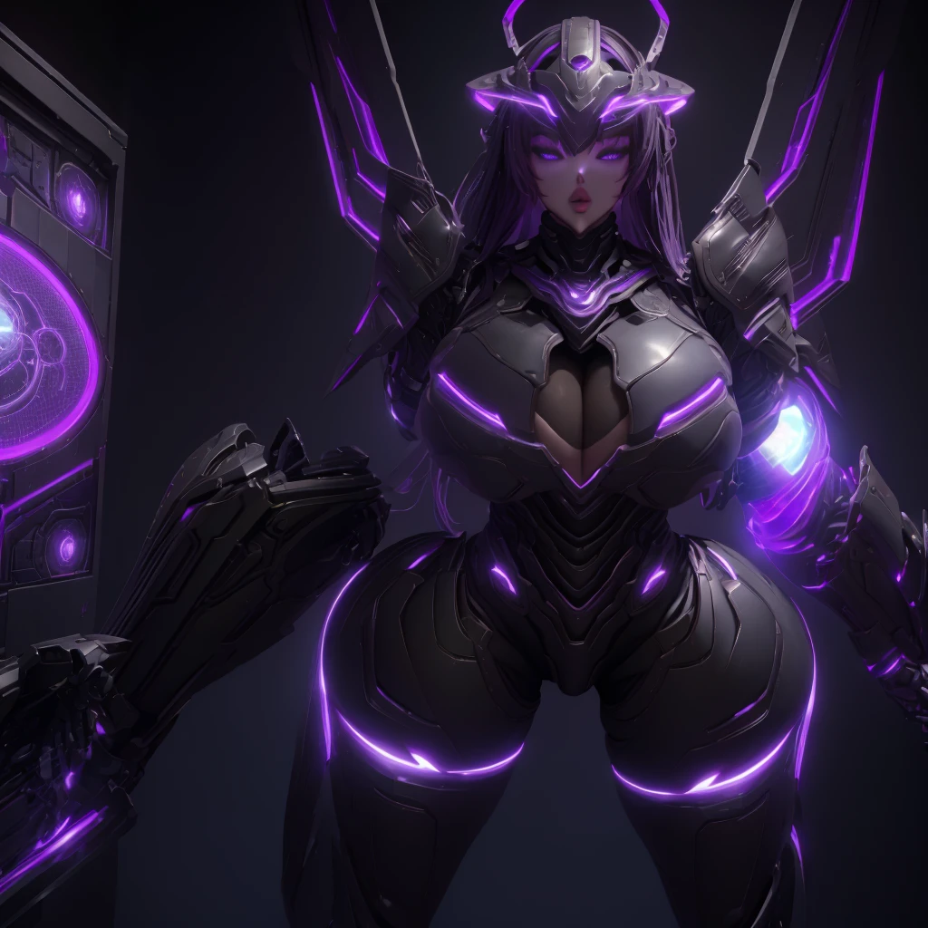 (masterpiece), (best quality), (high res) Solo, (perfect anatomy) Dronificated unknown woman , (enclosed gray full body big heavy armor), (lavender lights), (lavender circular glowing core in the chest), (enclosed cyber helmet), mechanical wings, (lavender screen), huge breast, narrow waist, wide hips, thick thighs, in a storage, (no face) no face, no hair, no mouth, no eyes, in a factory