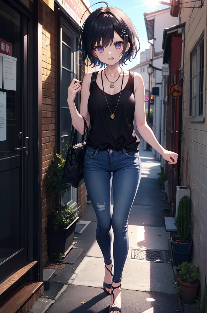 komachihikigaya, komachi hikigaya, short hair, Black Hair, hair ornaments, Ahoge, Hair Clip, x hair ornaments, (Purple eyes:1.1), tooth, happy smile, smile, Open your mouth, black tank top shirt,Locket Necklace,Skinny jeans,Stiletto heels,morning,morning陽,The sun is rising,Walking,whole bodyがイラストに入るように,
break outdoors, Building district,
break looking at viewer,whole body,
break (masterpiece:1.2), Highest quality, High resolution, unity 8k wallpaper, (figure:0.8), (Beautiful attention to detail:1.6), Highly detailed face, Perfect lighting, Highly detailed CG, (Perfect hands, Perfect Anatomy),