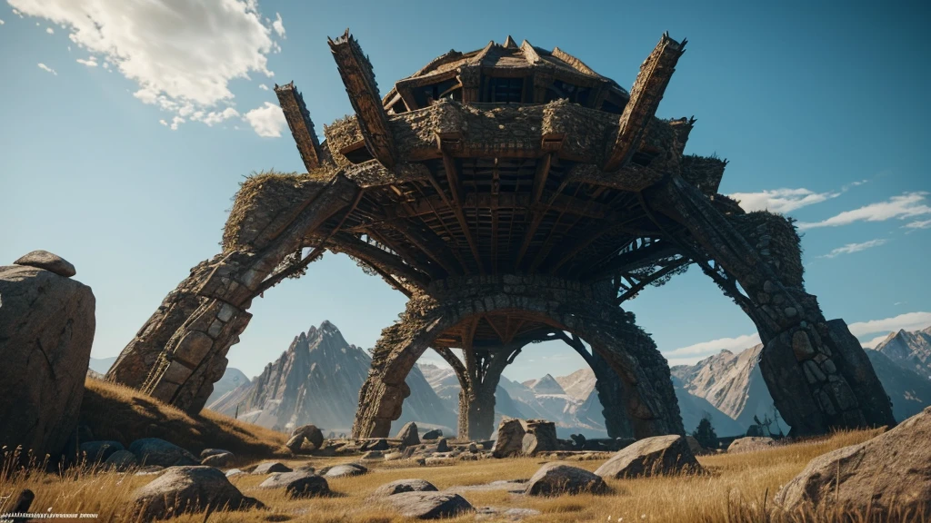 giant walking stone spider building, in the heigh of a mountain, dnd, elden ring, steppe on the background, fantasy setting, hd, unreal engine render, artstation, look from below, medieval setting, magic