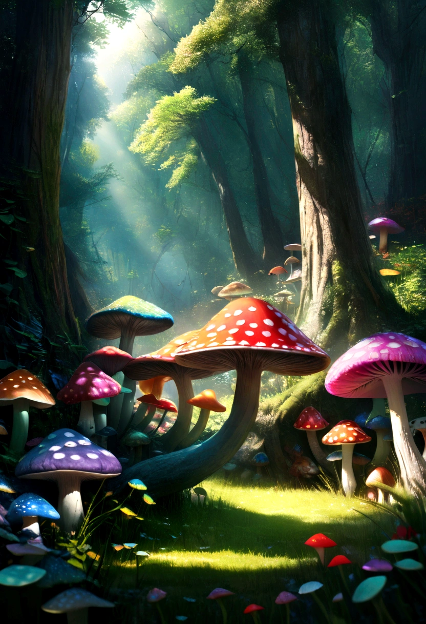 a field of colorful mushrooms, detailed mushroom caps, intricate mushroom stems, lush green forest, sunlight filtering through the trees, vibrant colors, magical realism, fantasy, highly detailed, 4k, photorealistic, cinematic lighting, dramatic shadows, atmospheric haze