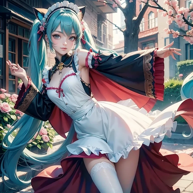 Hatsune Miku, long hair, aqua hair, twintails, cat ears, animal ears, long flowing hair, floating hair, ornament hair, perfectly body, perfectly hands, dark pink rose on hair, maid, maid dress, maid headdress, maid apron, white apron, on street, petals in the air, blossom peach tree, centered girl, maid dress, black dress, more details on her clothes, dress with transparency, golden details, daylight, smiling, cape, ((4k, masterpiece, top-quality)),8k, best quality, high resolution, HD, (illustration:0.8), super cute girl, delicate and beautiful face, 1girl, solo, mature girl, super cute hairstyle, (beautiful detailed eyes:1.6), extremely detailed face, perfect lighting, extremely detailed CG, (perfect hands, perfect anatomy), Best quality, cleavage, small skirt, full Body,