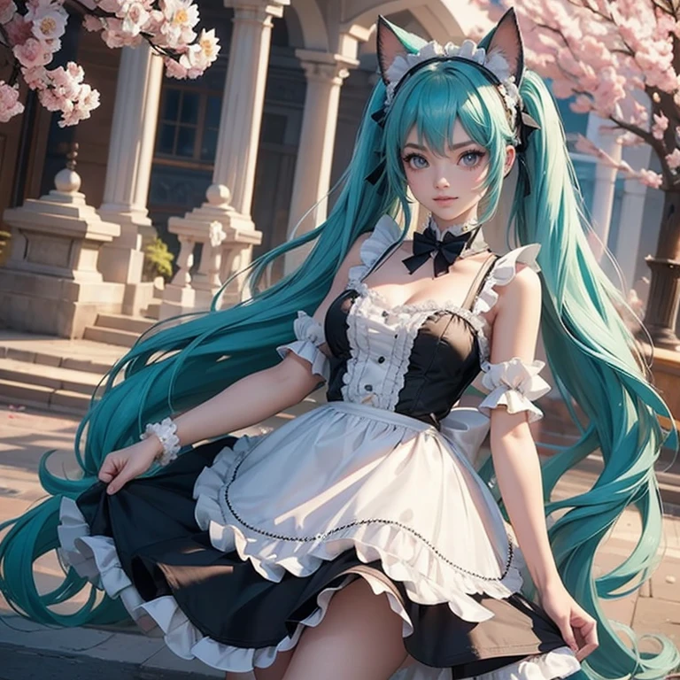 Hatsune Miku, long hair, aqua hair, twintails, cat ears, animal ears, long flowing hair, floating hair, ornament hair, perfectly body, perfectly hands, dark pink rose on hair, maid, maid dress, maid headdress, maid apron, white apron, on street, petals in the air, blossom peach tree, centered girl, maid dress, black dress, more details on her clothes, dress with transparency, golden details, daylight, smiling, cape, ((4k, masterpiece, top-quality)),8k, best quality, high resolution, HD, (illustration:0.8), super cute girl, delicate and beautiful face, 1girl, solo, mature girl, super cute hairstyle, (beautiful detailed eyes:1.6), extremely detailed face, perfect lighting, extremely detailed CG, (perfect hands, perfect anatomy), Best quality, cleavage, small skirt, full Body,