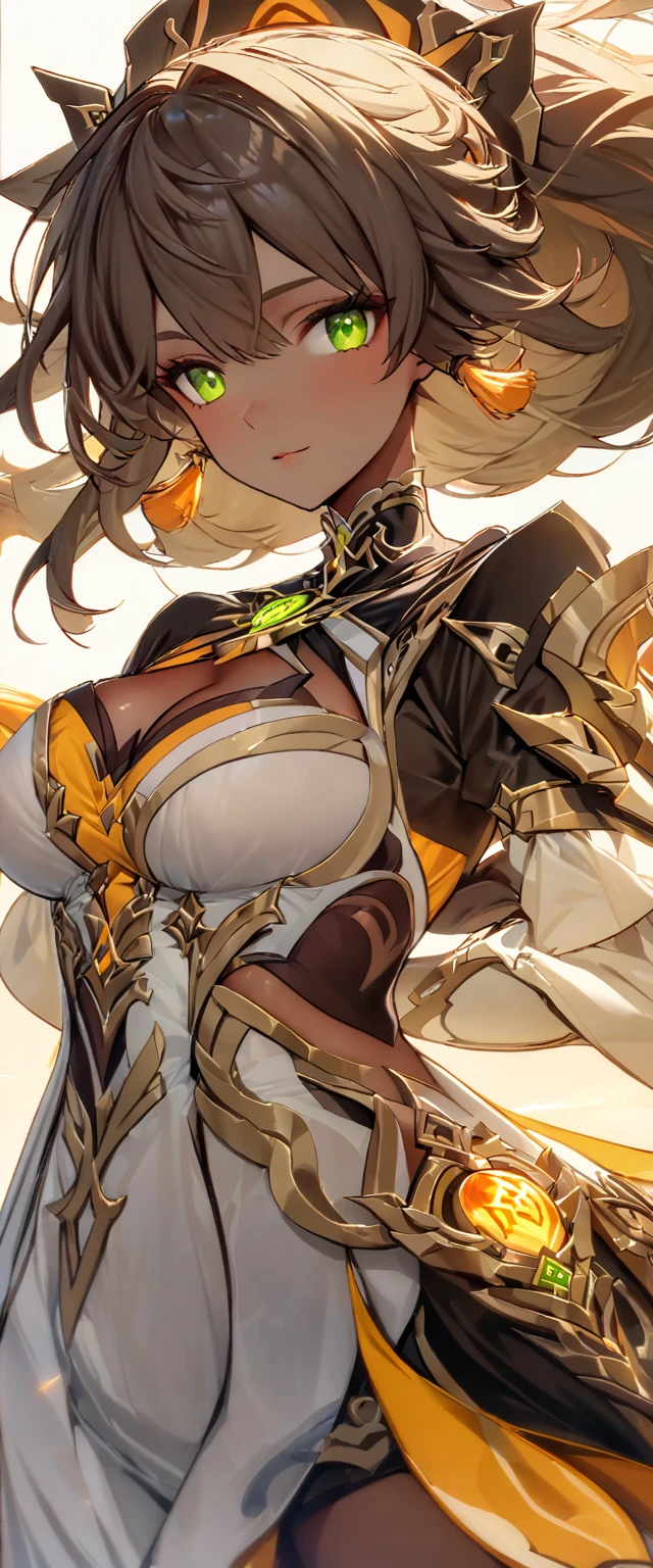 (masterpiece), best quality, expressive eyes, perfect face,1girl,score_9,score_8_up,score_7_up, arm_behind_back, brown_hair, cropped_legs, dark-skinned_female, detached_sleeves, green_eyes, grey_hair, hair_ornament, highres, looking_at_viewer, female_focus, multicolored_hair, open_hand, orange_cape, sethos_\(genshin_impact\), solo, tassel, very_long_hair, big breasts,cleavage,cowboy shot,desert palace