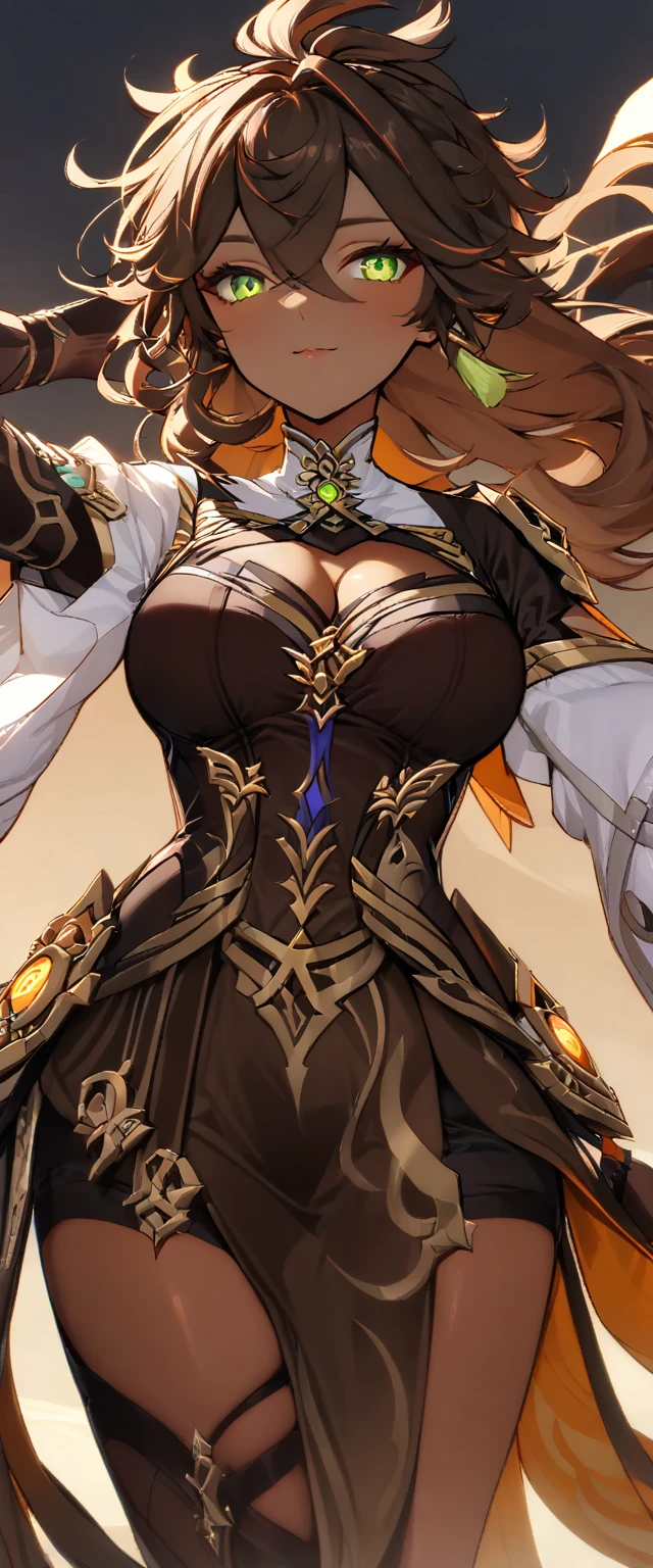 (masterpiece), best quality, expressive eyes, perfect face,1girl,score_9,score_8_up,score_7_up, arm_behind_back, brown_hair, cropped_legs, dark-skinned_female, detached_sleeves, green_eyes, grey_hair, hair_ornament, highres, looking_at_viewer, female_focus, multicolored_hair, open_hand, orange_cape, sethos_\(genshin_impact\), solo, tassel, very_long_hair, big breasts,cleavage,cowboy shot,desert palace