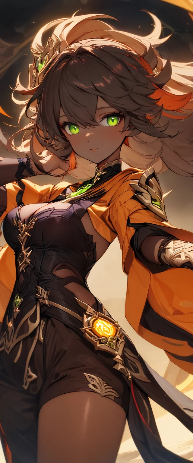 (masterpiece), best quality, expressive eyes, perfect face,1girl,score_9,score_8_up,score_7_up, arm_behind_back, brown_hair, cropped_legs, dark-skinned_female, detached_sleeves, green_eyes, grey_hair, hair_ornament, highres, looking_at_viewer, female_focus, multicolored_hair, open_hand, orange_cape, sethos_\(genshin_impact\), solo, tassel, very_long_hair, big breasts,cleavage,cowboy shot,desert palace