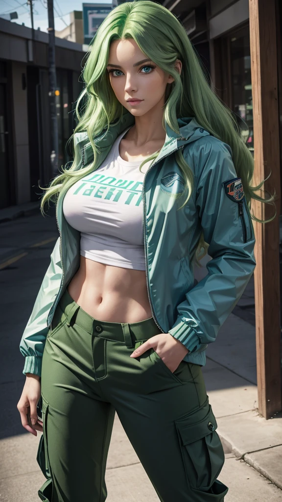 Tall stature, long, wavy green hair.  Bright and expressive light blue eyes.  Slim and athletic silhouette.  She was wearing cargo pants, a printed t-shirt and a waterproof jacket, big ass, big hip. Busty