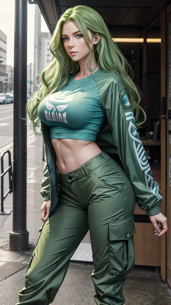 Tall stature, long, wavy green hair. Bright and expressive light blue eyes. Slim and athletic silhouette. She was wearing cargo pants, a printed t-shirt and a waterproof jacket, big ass, big hip. Busty