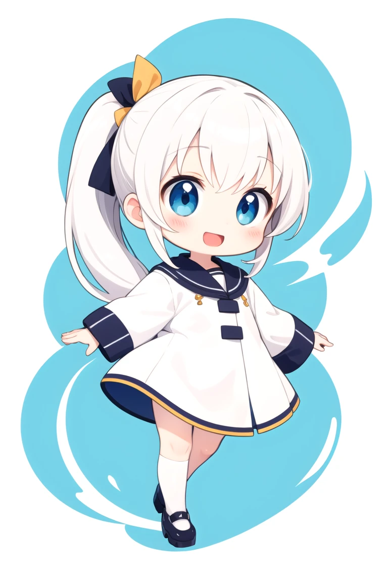 chibi, flat color, solo, full body, cute, (highest quality), blue eye, long hair, white hair, white clothes, side ponytail, Beam with laughter, open mouth, white background, (masterpiece)