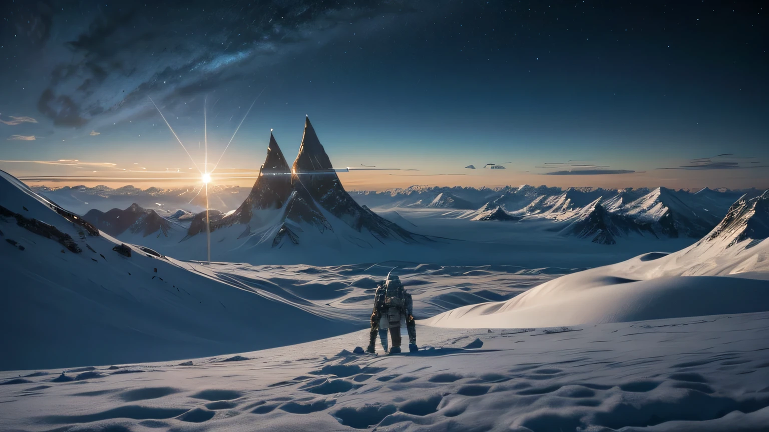 realistic photo on an extraterrestrial planet, natta, mountains with snow, antennas transmitting electromagnetic waves, another extraterrestrial planet on the horizon and a futuristic spaceship in orbit.