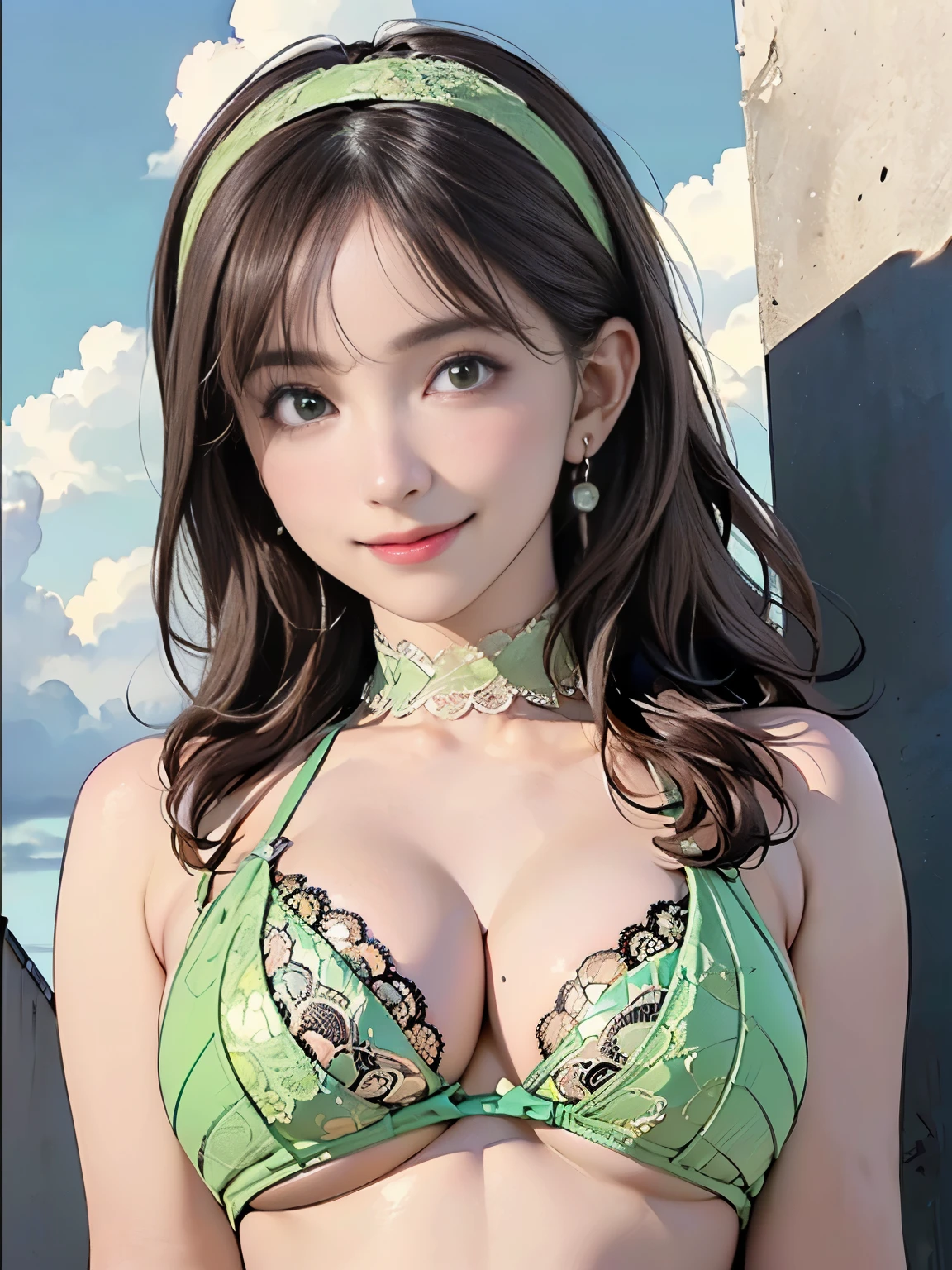 ((((Highest quality))))、(((Ultra-precision CG16K wallpaper)))、(((masterpiece)))、(((Super detailed)))、(((Extreme detail)))、((1Mature 29 year old woman:1.6))、((Very beautiful Japan face of a person))、((Urizane Face:1.8))、((Medium Straight Hair:1.6))、(Shiny Hair)、A delicately drawn beautiful face、Dark Eyes、double eyelid、High nose、Small nostrils、Small Mouth、Seductive lips、Beautiful breasts、((C cup size breasts))、Cleavage、eight-headed body、Perfect proportions、Perfect Anatomy、Perfect composition、Beautiful detailed shading、Beautiful, natural lighting、Beautiful detail glow、Depth of written boundary、(((High chroma)))、(((Real:1.9)))、((vivid:1.5))、((Beautiful Skin))、((Skin Texture))、((Realな皮膚感))、(((Bust Shot:1.3)))、(((front view、shoot from front、front low angle:1.6)))、(((smile:1.6)))、((looking at viewer:1.6))、Bright daylight、Natural light、(((background_Sky and Clouds:1.5)))、(Standing pose:1.6)、(((Light green lace bikini bra:1.6)))、((hair band、choker、Wearing earrings:1.5))、