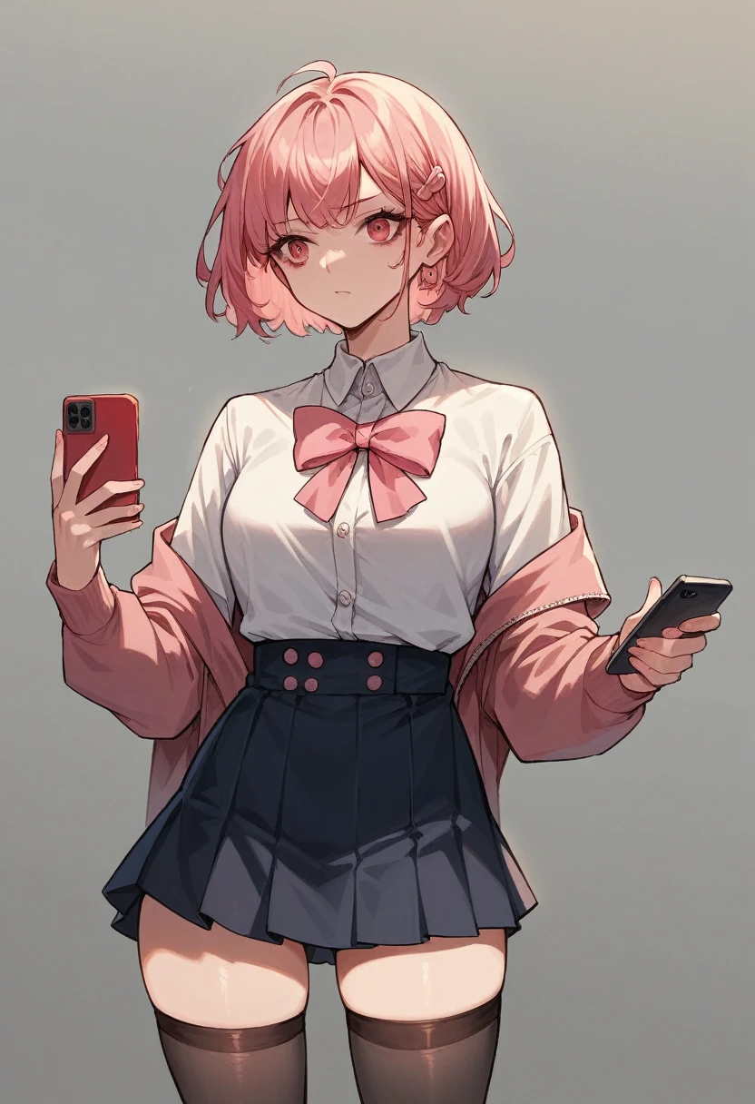 1girl, [dark red-pink], looking suspiciously towards the left, holding the phone with right hand away from face, phone pointed where she is looking, short skirt, thigh highs, large light pink bows, nighttime background