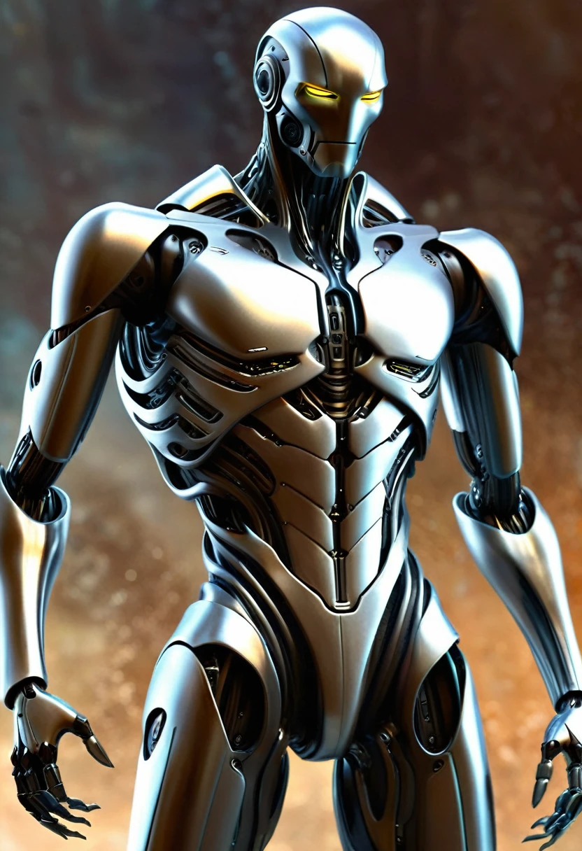 An alien emissary with a thin body and long arms has an intriguing and imposing appearance. His skin is a silvery metallic tone., reflecting light in a soft and mysterious way. The thin body is covered by a series of organic plates that intersperse, providing a combination of flexibility and resistance. His arms, exceptionally long, have additional joints, allowing graceful and precise movements.