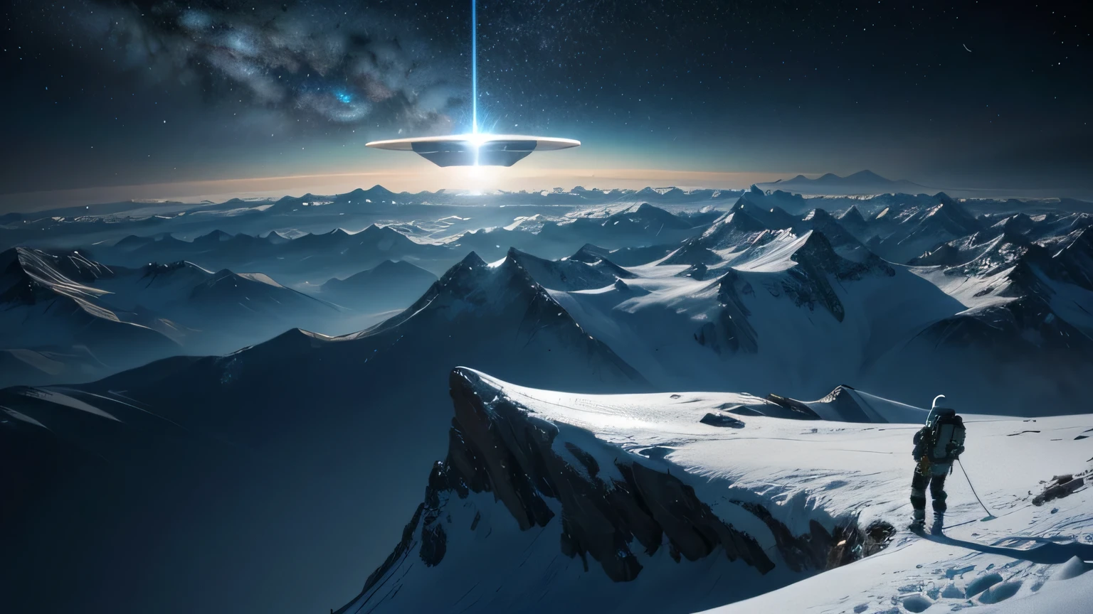 realistic photo on an extraterrestrial planet, natta, mountains with snow, antennas transmitting electromagnetic waves, another extraterrestrial planet on the horizon and a futuristic spaceship in orbit.