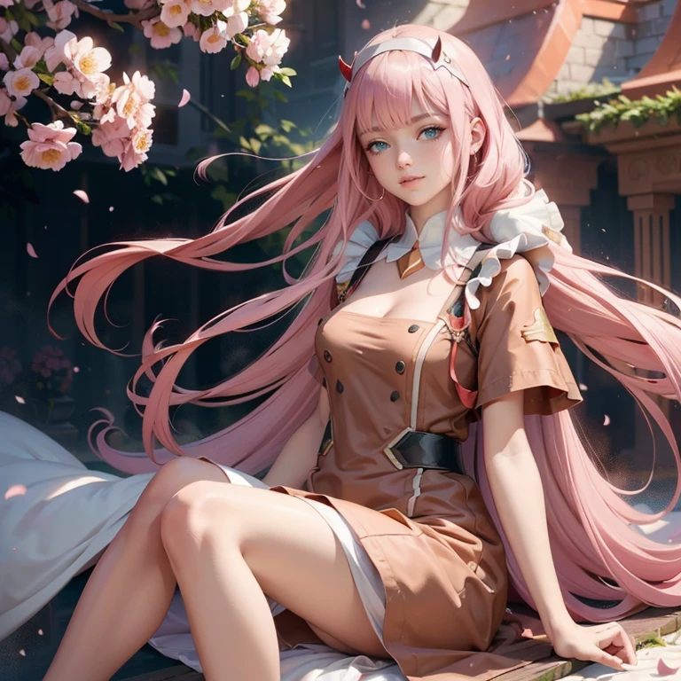 Zero Two, long hair, pink hair, red horns, long flowing hair, floating hair, ornament hair, perfectly body, perfectly hands, dark pink rose on hair, maid, maid dress, maid headdress, maid apron, white apron, on street, petals in the air, blossom peach tree, centered girl, maid dress, red dress, more details on her clothes, dress with transparency, golden details, daylight, smiling, cape, ((4k, masterpiece, top-quality)),8k, best quality, high resolution, HD, (illustration:0.8), super cute girl, delicate and beautiful face, 1girl, solo, mature girl, super cute hairstyle, (beautiful detailed eyes:1.6), extremely detailed face, perfect lighting, extremely detailed CG, (perfect hands, perfect anatomy), Best quality, cleavage, small skirt, full Body,