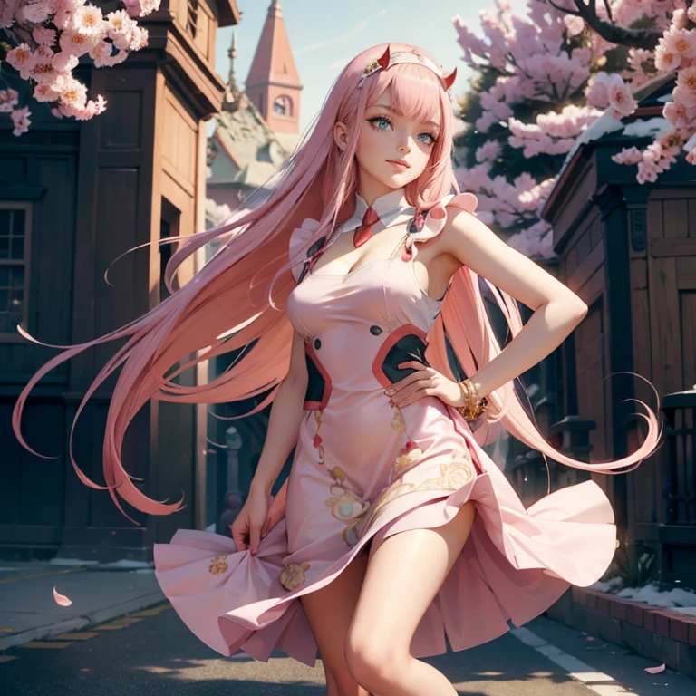 Zero Two, long hair, pink hair, red horns, long flowing hair, floating hair, ornament hair, perfectly body, perfectly hands, dark pink rose on hair, maid, maid dress, maid headdress, maid apron, white apron, on street, petals in the air, blossom peach tree, centered girl, maid dress, red dress, more details on her clothes, dress with transparency, golden details, daylight, smiling, cape, ((4k, masterpiece, top-quality)),8k, best quality, high resolution, HD, (illustration:0.8), super cute girl, delicate and beautiful face, 1girl, solo, mature girl, super cute hairstyle, (beautiful detailed eyes:1.6), extremely detailed face, perfect lighting, extremely detailed CG, (perfect hands, perfect anatomy), Best quality, cleavage, small skirt, full Body,