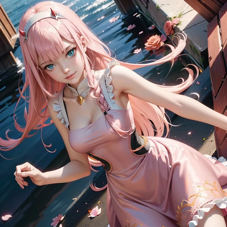 Zero Two, long hair, pink hair, red horns, long flowing hair, floating hair, ornament hair, perfectly body, perfectly hands, dark pink rose on hair, maid, maid dress, maid headdress, maid apron, white apron, on street, petals in the air, blossom peach tree, centered girl, maid dress, red dress, more details on her clothes, dress with transparency, golden details, daylight, smiling, cape, ((4k, masterpiece, top-quality)),8k, best quality, high resolution, HD, (illustration:0.8), super cute girl, delicate and beautiful face, 1girl, solo, mature girl, super cute hairstyle, (beautiful detailed eyes:1.6), extremely detailed face, perfect lighting, extremely detailed CG, (perfect hands, perfect anatomy), Best quality, cleavage, small skirt, full Body,