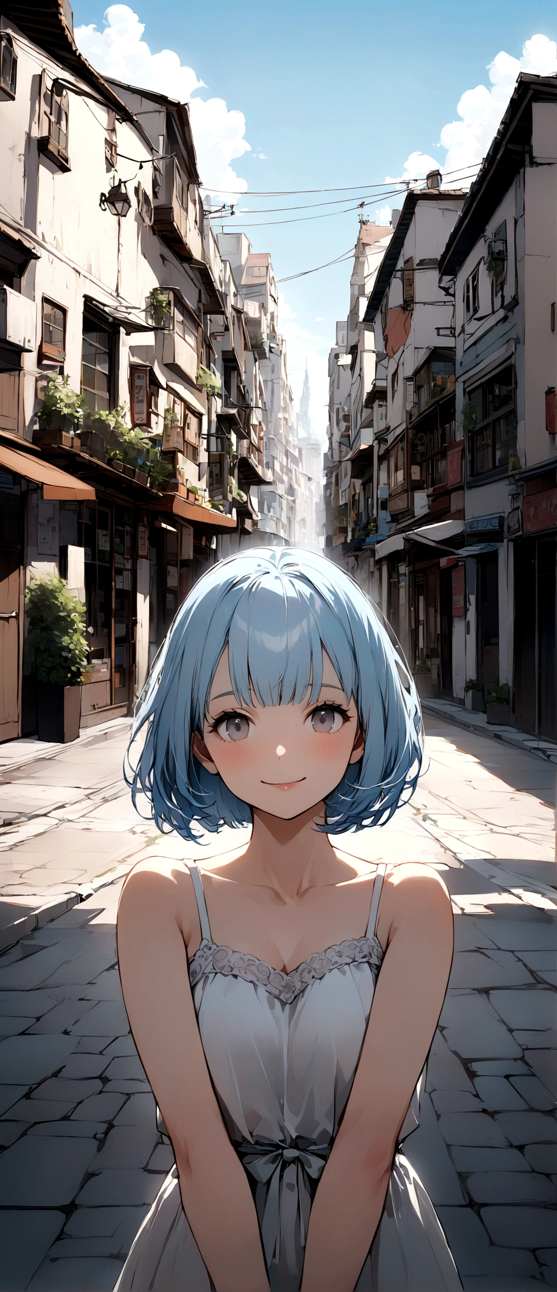 Highest quality、One Woman、Light blue hair、Short Bob、Grey Eyes、White Cami Dress、Stylish older sister、smile、city