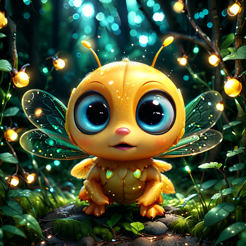 A cute firefly with big eyes, glowing in the night. It has an adorable round body with tiny wings, flying in a cartoon night forest background with sparkling lights, high resolution, high detail, cinematic light, 3D render, octane rendering, high quality. --ar 1:1 --v 6.0