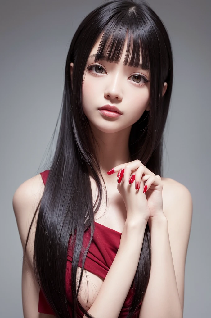 Woman, dainty, chic, nails painted red, slim, black color hair, flat hair, white skin color, clear eyes