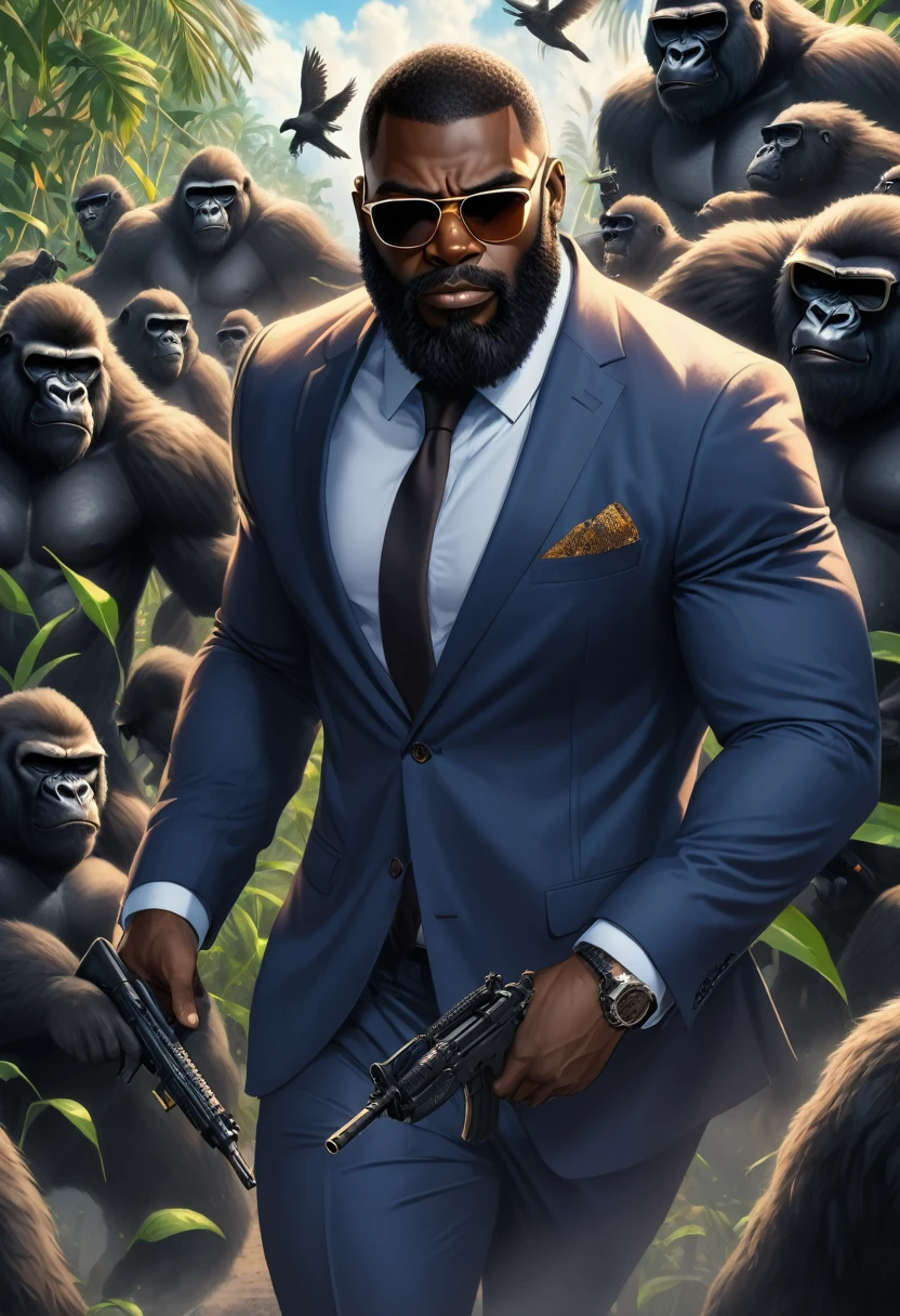 The bearded black man with medium eyebrows wearing sunglasses with a suit causes a swarm behind with a gorilla behind with an ak-47 in his hand
