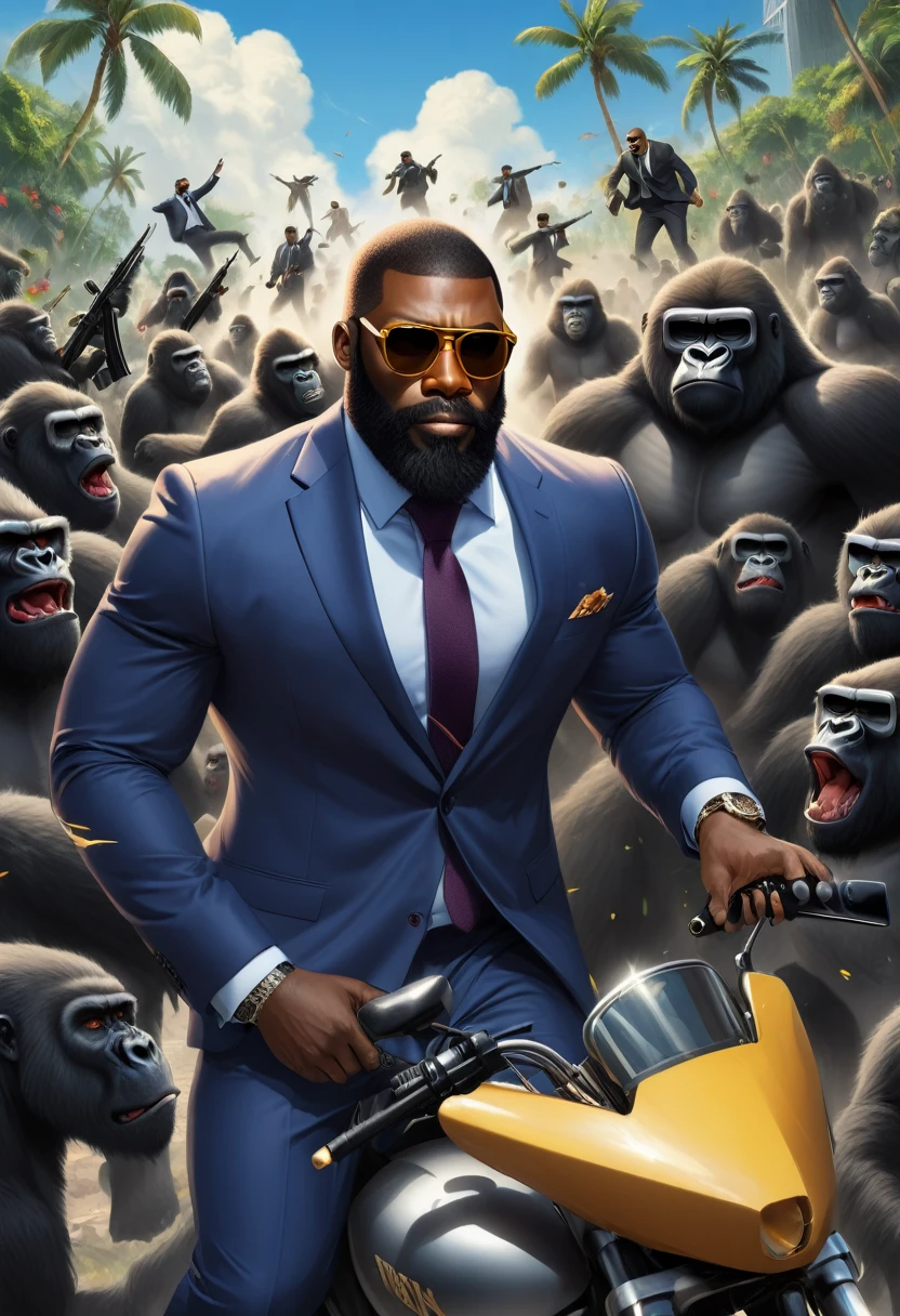The bearded black man with medium eyebrows wearing sunglasses with a suit causes a swarm behind with a gorilla behind with an ak-47 in his hand 
