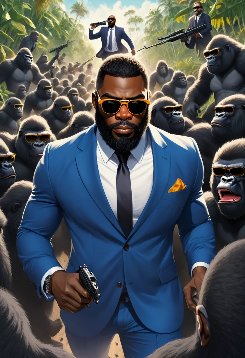The bearded black man with medium eyebrows wearing sunglasses with a suit causes a swarm behind with a gorilla behind with an ak-47 in his hand