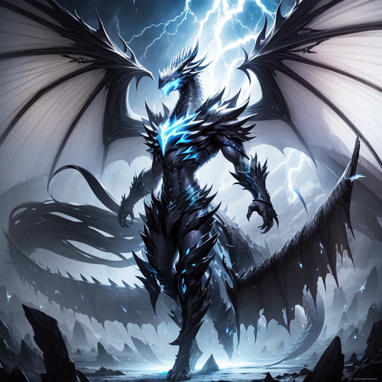 full body, shiny white dragon storm dragon, large black horns, large white wings, black energy behind, black energy dragon, black storm lightning background, black lightning