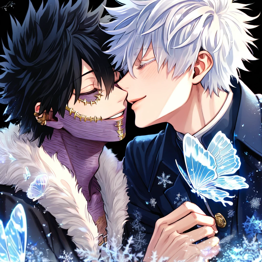 absurdres, highres, ultra detailed, HDR, master piece, best quality, extremely detailed face, delicated features, Dabi, black hair, closed eyes, Boku No Hero Academia, Gojou Satoru, white hair, closed eyes, white eyelashes, two sexy men kissing, yaoi, gay couple, handsome, smiling, blue jacket with fur, black coat, fantasy, magical, ice, blue fire, ice butterflies, snowflakes, starry night
