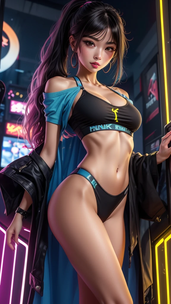 ((masutepiece)), Best Quality, absurderes, ultra-detailliert, Holographic, Cowboy Shot, Dynamic Pose, Golden ratio, Super cute girl, Mature girl, Idol girl, Super beautiful asian girl with very beautiful purple glowing eyes, Beautiful shiny brown multicolored hair, High Ponytail, Nice and sexy body, Slim body, Perfect body, Wearing a super tight anime pattern leotard, Anime Print Super Tight Off Shoulder Short Sleeve Crop Top, Super aesthetic transparent mini jacket, beautiful hair decoration, Pink Jordan Tennis, Being filmed in a dance arcade game