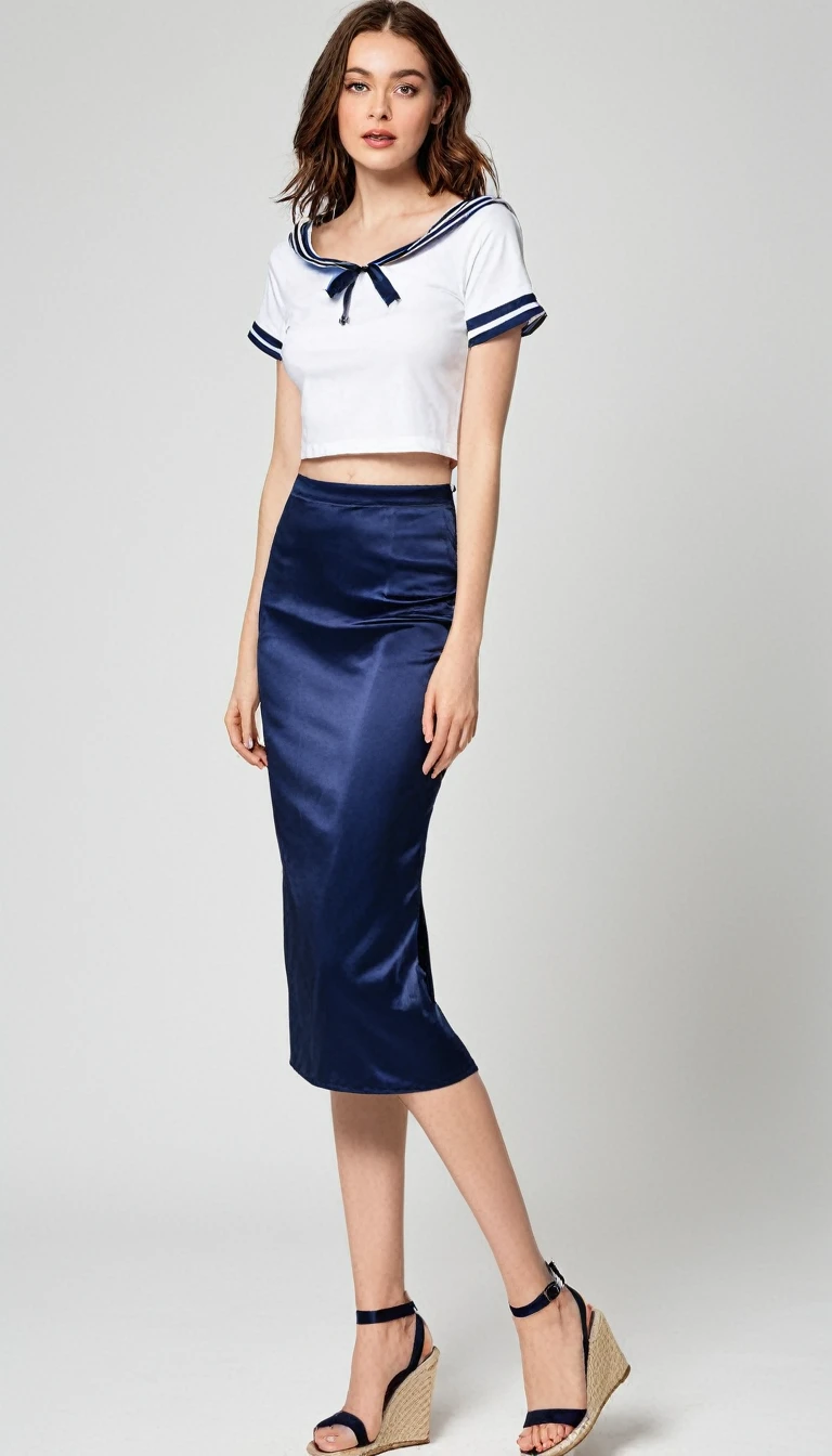 a woman wearing a simple summery sailor-inspired outfit. cropped T-shirt and skirt. loose white T-shirt with wide sleeves. Short sleeve. t-shirt featuring a square neckline. heavy cotton t-shirt . cropped, visible midriff. t-shirt in the style of royal navy class 2 square rig. Navy blue trim on hems. Skirt is deep blue silk, smooth material, satin reflective sheen, long ankle length skirt, pencil skirt, side split, straw-coloured wedge shoes