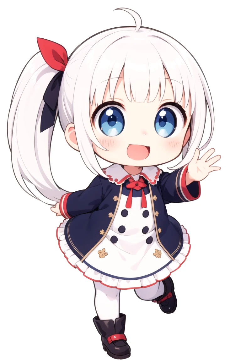 chibi, flat color, solo, full body, cute, (highest quality), blue eye, long hair, white hair, white clothes, side ponytail, Beam with laughter, open mouth, white background, (masterpiece)