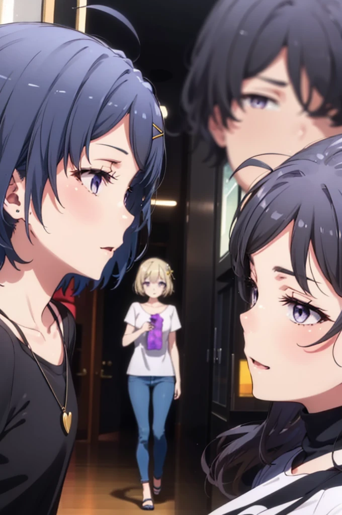 komachihikigaya, komachi hikigaya, short hair, Black Hair, hair ornaments, Ahoge, Hair Clip, x hair ornaments, (Purple eyes:1.1), tooth, happy smile, smile, Open your mouth, black tank top shirt,Locket Necklace,Skinny jeans,Stiletto heels,morning,morning陽,The sun is rising,Walking,whole bodyがイラストに入るように,
break outdoors, Building district,
break looking at viewer,whole body,
break (masterpiece:1.2), Highest quality, High resolution, unity 8k wallpaper, (figure:0.8), (Beautiful attention to detail:1.6), Highly detailed face, Perfect lighting, Highly detailed CG, (Perfect hands, Perfect Anatomy),
