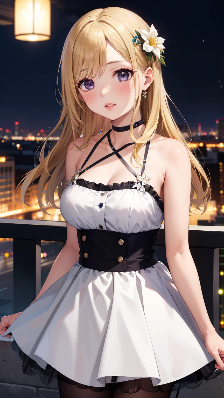 masterpiece, best quality, highly detailed, ultra high res, ayase arisa, kitagawa marin, 1girl, solo, hair ornament, flower in hair, blonde hair, glossy lips, full lips, choker, halter-top dress, city, night, crowd