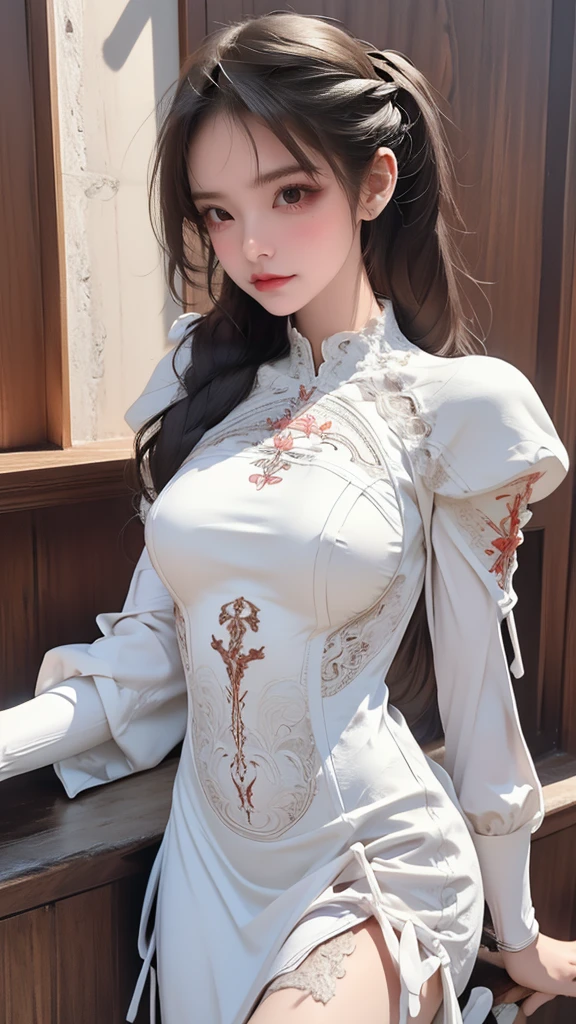 (dynamic fighting pose),(leather boots,(asymmetrical mecha armor),(long embroidered white lace dress,see through,lift up the hem of the dress)),(random hairstyle),(Thin type:1.8),(large breasts),(Highest image quality,(8K), Ultra-realistic, Best Quality, High quality, High Definition, high quality texture, high detailing, Beautiful detailed, fine detailed, extremely details CG, Detailed texture, realistic representation of face, masterpiece, presence)