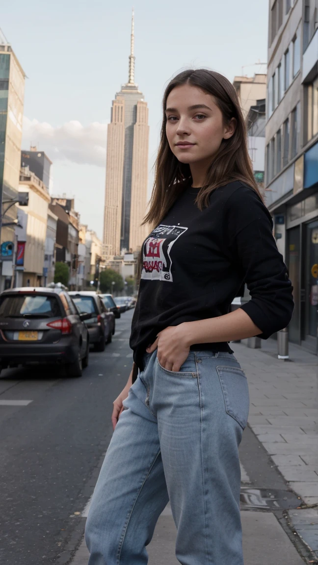 photo d'une jeune fille de 21 ans dans un milieu urbain en tenue casual avec du monde en arrière plan, elle regarde sur son coté gauche, elle a les jambes légèrement croisé, avec un léger sourir