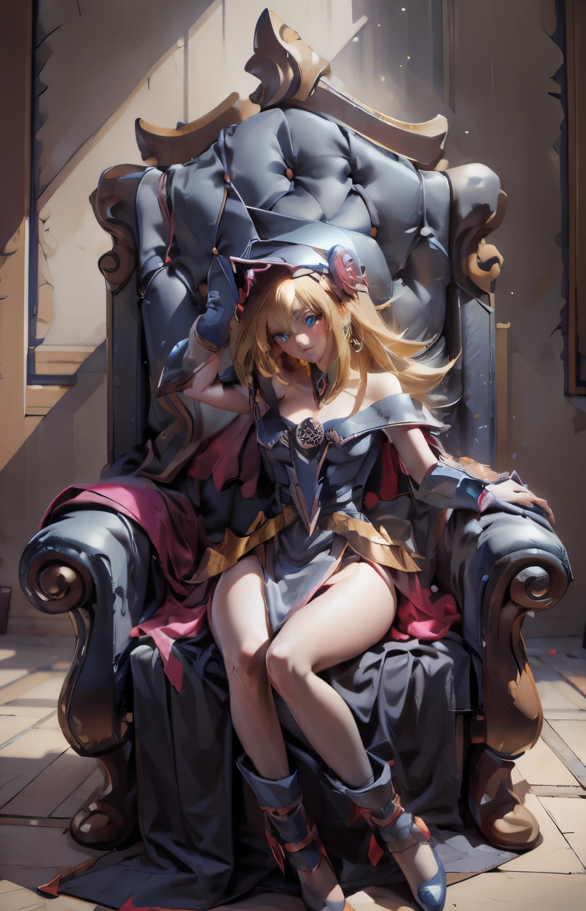 Dark magician gils with black gala dress. She wears red heels, has earrings. Wear necklaces.  Long blonde hair. blue eyes. Red lips. Sensual and subjective pose. She is sitting on a golden throne.