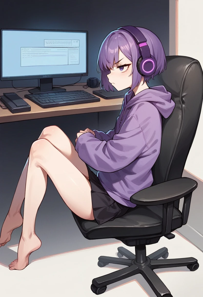 score_9, score_8_up, score_7_up, score_6_up, score_5_up, score_4_up, sideview, sitting on a chair, anime girl, purple short hair, purple hoodie, flat chest, black skirt, girl with headphones, girl gaming in front a computer, computer table, grumpy expression, focus on girl, full body, bad back posture