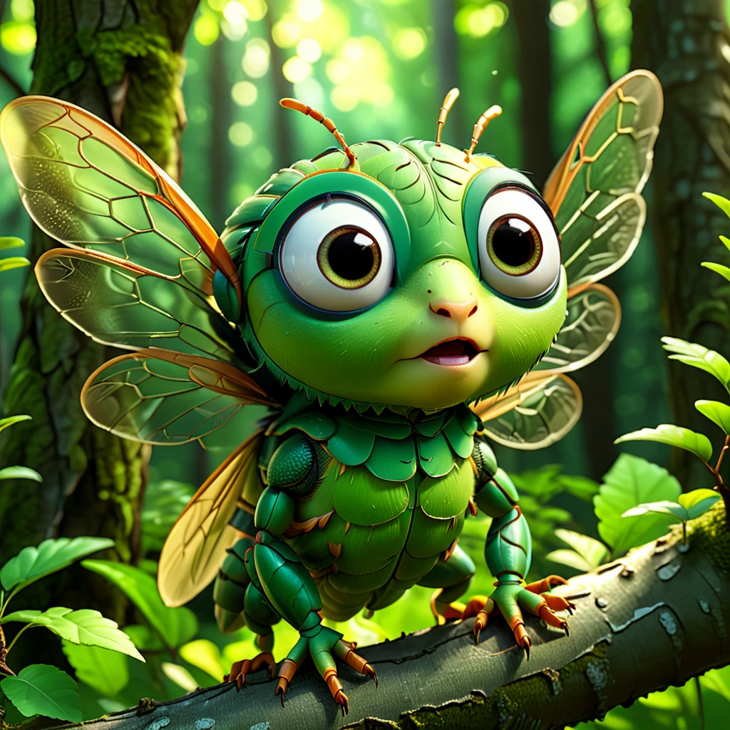 A cute cicada with big eyes, making a loud sound in the summer. It has an adorable green body with delicate wings, sitting on a tree branch in a cartoon forest background, high resolution, high detail, cinematic light, 3D render, octane rendering, high quality. --ar 1:1 --v 6.0