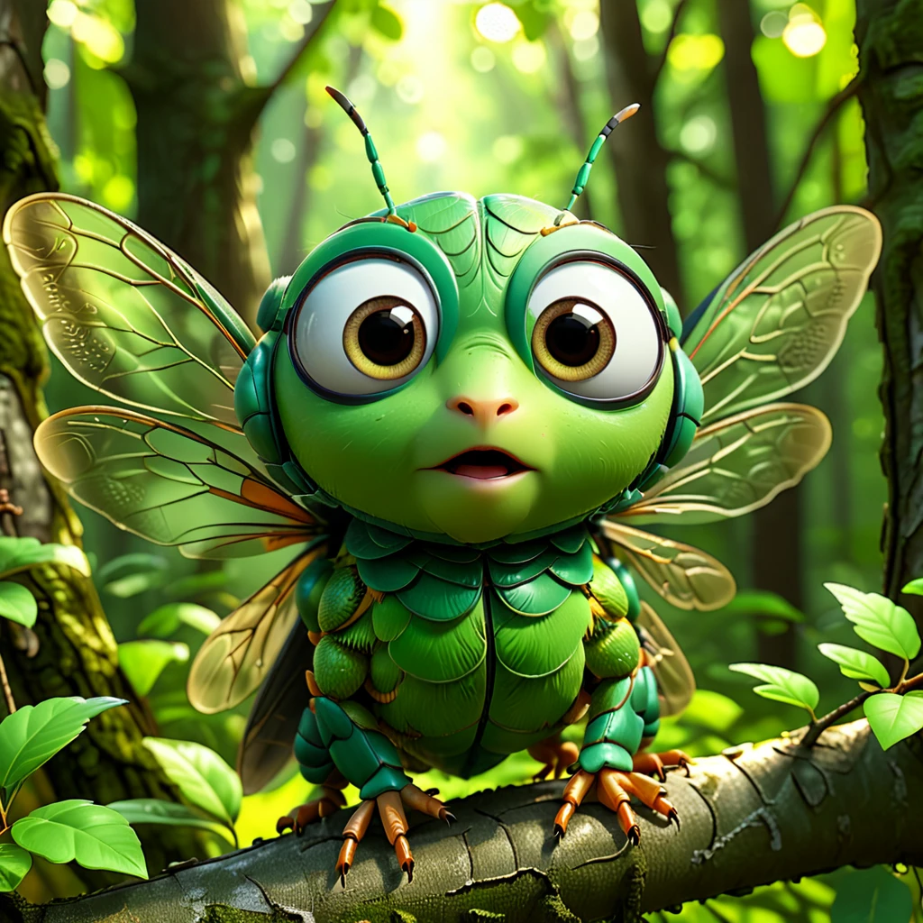 A cute cicada with big eyes, making a loud sound in the summer. It has an adorable green body with delicate wings, sitting on a tree branch in a cartoon forest background, high resolution, high detail, cinematic light, 3D render, octane rendering, high quality. --ar 1:1 --v 6.0