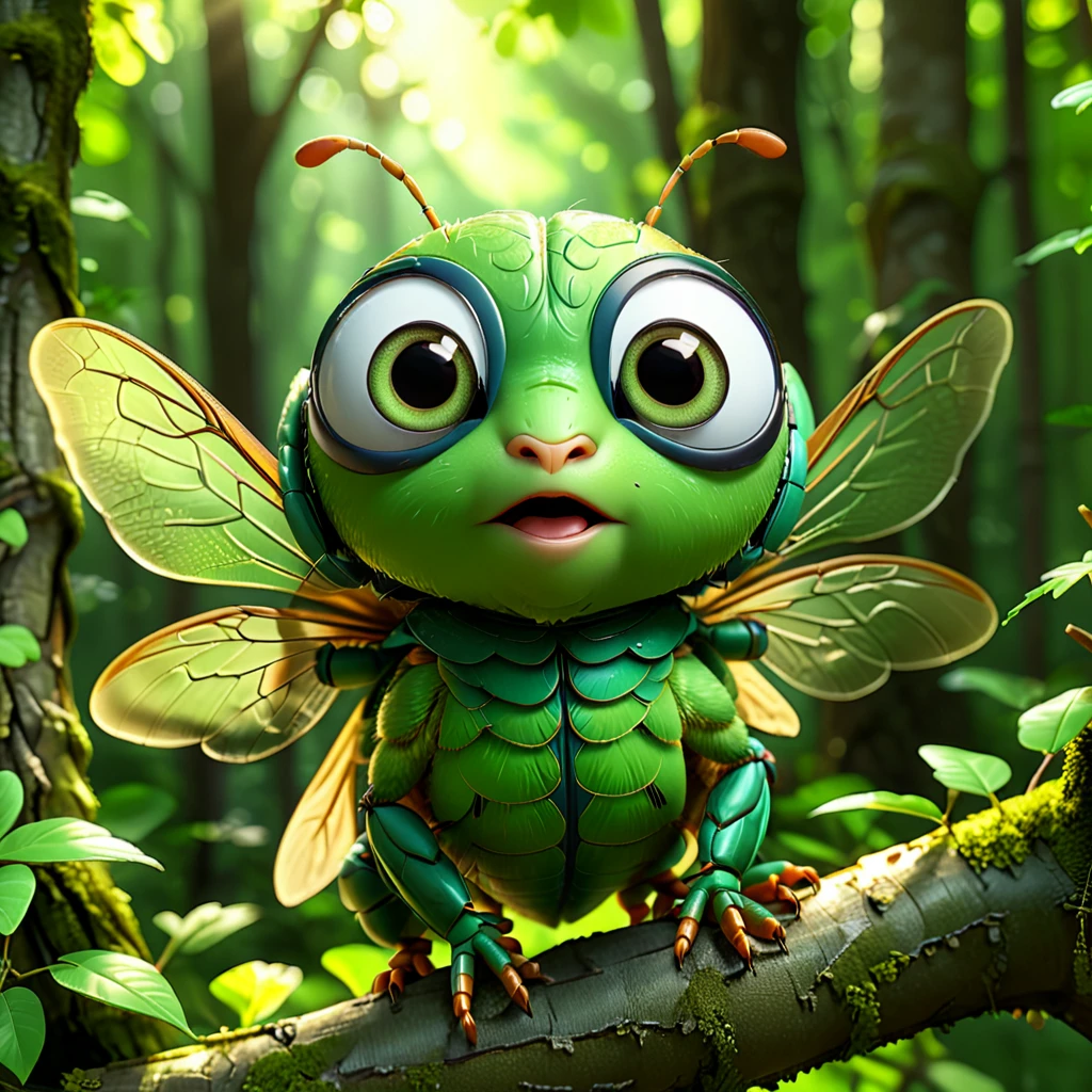 A cute cicada with big eyes, making a loud sound in the summer. It has an adorable green body with delicate wings, sitting on a tree branch in a cartoon forest background, high resolution, high detail, cinematic light, 3D render, octane rendering, high quality. --ar 1:1 --v 6.0