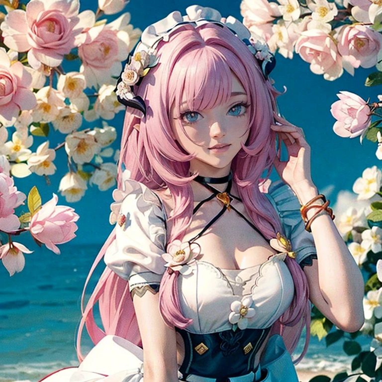 long hair, pink hair, red horns, long flowing hair, floating hair, ornament hair, perfectly body, perfectly hands, dark pink rose on hair, maid, maid dress, maid headdress, maid apron, white apron, on street, petals in the air, blossom peach tree, centered girl, maid dress, red dress, more details on her clothes, dress with transparency, golden details, daylight, smiling, cape, ((4k, masterpiece, top-quality)),8k, best quality, high resolution, HD, (illustration:0.8), super cute girl, delicate and beautiful face, 1girl, solo, mature girl, super cute hairstyle, (beautiful detailed eyes:1.6), extremely detailed face, perfect lighting, extremely detailed CG, (perfect hands, perfect anatomy), Best quality, cleavage, small skirt, full Body,